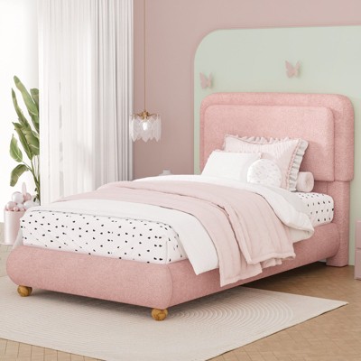 Brafabhome Boucle Cloud Upholstered Twin Size Bed Frame with Round Corners Headboard and Thickened Footboard for Kids, No Box Spring Required