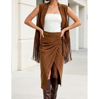 YESFASHION Women Faux Suede Wrap Tie High Slit Irregular Midi