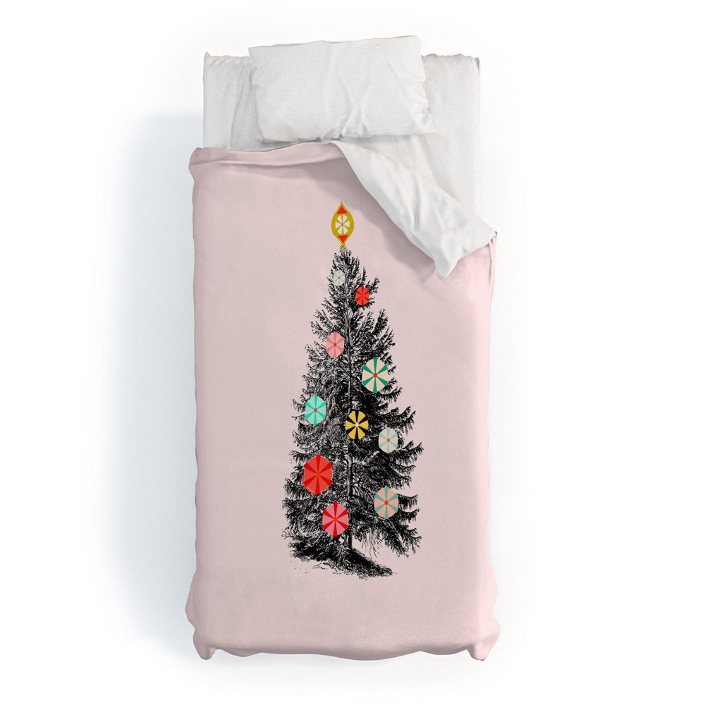 Twin Extra Long Showmemars Retro Christmas Tree 2 Polyester Duvet Cover + Pillow Shams Black - Deny Designs: Festive Holiday Bedding Set -  89740770