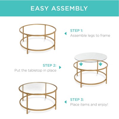 36'' Round Gold Metal and Glass Coffee Table