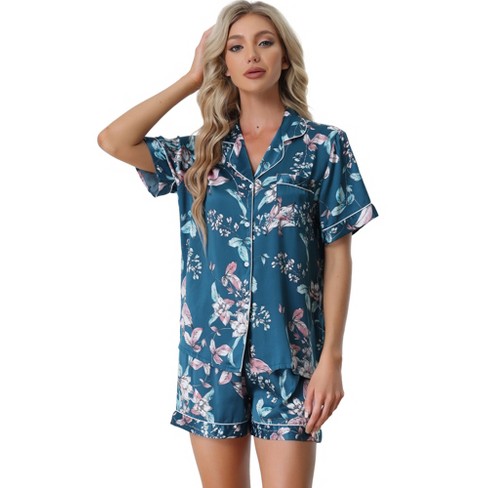 cheibear Women s Floral Button Down Shirt Shorts Satin Pajama Set 2 Pcs Blue X Large