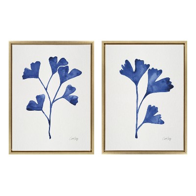 Navy Ginkgo Botanical Canvas Art Set with Gold Frame