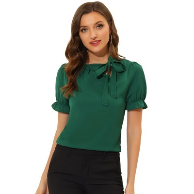 INSPIRE CHIC Women's Bow Tie Neck Solid Color Elastic Cuffs Elegant Office Short Sleeve Blouse