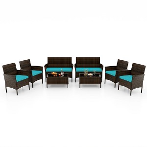 Costway 8 PCS Patio Furniture Set with Washable Cushions and Tempered Glass Coffee Table Black/Grey/Navy/Turquoise/Red/Blue/Orange - 1 of 4