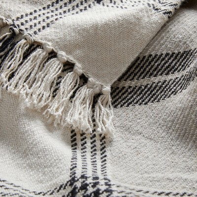 Rustic Beige and Black Cotton Plaid Throw Blanket with Fringe