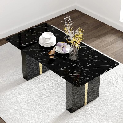Rectangular Dining Table With Tempered Glass Tabletop,MDF Table Legs,Dining Table For 8 People,Suitable For Dining Room,Living Room-Cuddlewood