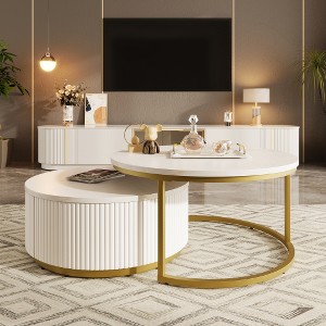 Anybear 31.5'' Modern Round Nesting Coffee Table Fluted with Drawer - 1 of 4
