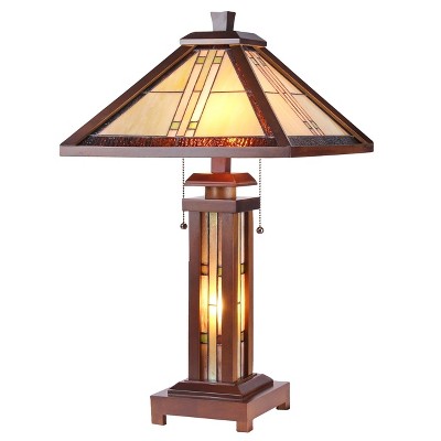 Chloe Lighting Earle Tiffany-Style Mission 3 Light Double Lit Wooden Table Lamp 15" Shade