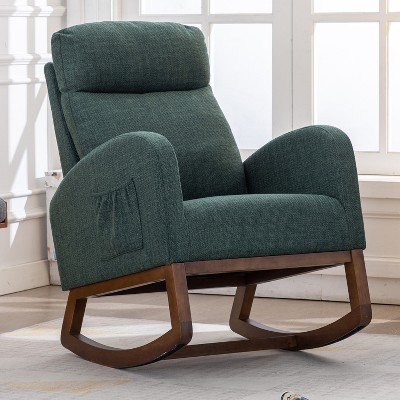 MOONMISS  Modern Linen Glider Chair with Wood Legs and Side Pocket, Rocking Accent Chair with High Back for Living Room Bedroom