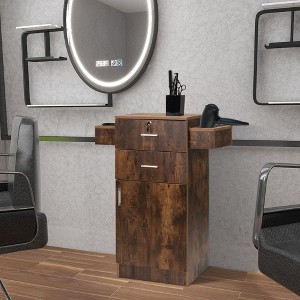 DOMETOUR Locking Beauty Salon Station, Hair Styling Barber Station, with Small Cabinet, Pull-out Drawers, Dryer Holders, Rustic Brown - 1 of 4