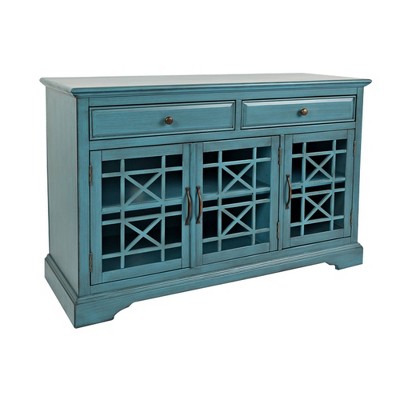 Wooden Media Unit with 2 Drawers and 3 Doors with X Motif Details Blue - Benzara