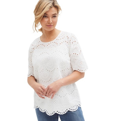 Lace Short Sleeve Scalloped Hem Top