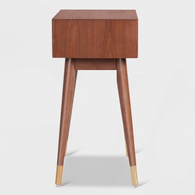Walnut Brown Mid-Century Modern Side Table with Brass Accents