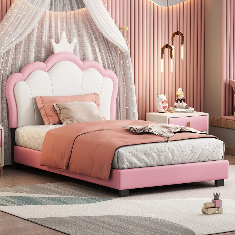 Upholstered Platform Bed With Crown Headboard, Princess Bed with Headboard and Footboard, White+Pink-ModernLuxe, 2 of 9