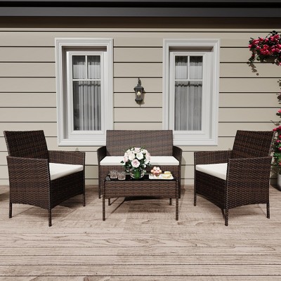 4-Piece Patio Furniture Set - Wicker Rattan Conversation Set with 2 Chairs, Loveseat & Coffee Table, Outdoor Furniture for Patio, Front Porch