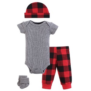 Hudson Baby Boys Thermal Preemie Layette Set 4pc Short Sleeve Outfit, Buffalo Plaid, Preemie - 1 of 4