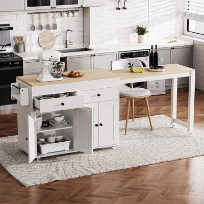 74.5" Extendable Dining Table, Kitchen Island on Wheels, with Spice Rack, 2 Drawers and 4 Door Cabinet, for Kitchen, Dining Room