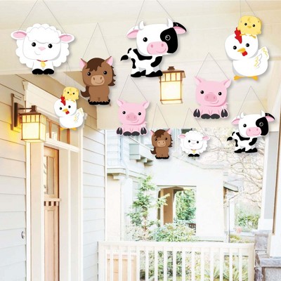 Big Dot of Happiness Hanging Farm Animals - Outdoor Barnyard Baby Shower or Birthday Party Hanging Porch & Tree Yard Decorations - 10 Pieces