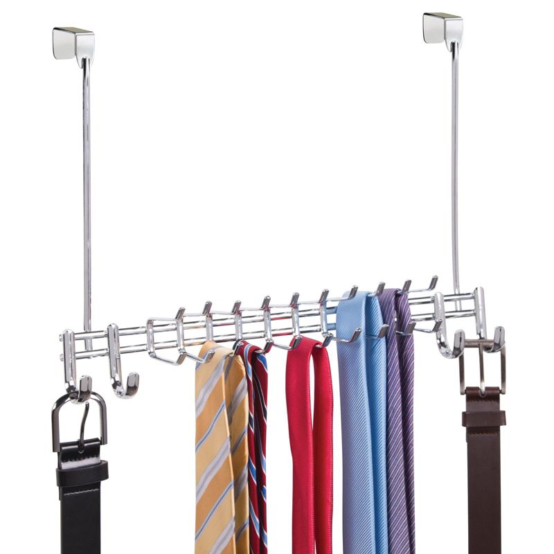 mDesign Metal Over Door Hanging Storage Rack for Ties, Belts, 24 Hooks - Chrome, 1 of 7