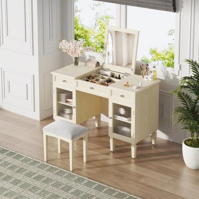 TOBILI 2-in-1 Vanity Desk with Flip-Top Mirror, Dressing Table Set with Drawer & Cabinet, Multi-Functional Computer Writing Desk