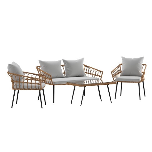 Outsunny 4-piece Rattan Wicker Furniture Set, Outdoor Cushioned  Conversation Furniture With 2 Chairs, Loveseat, And Glass Coffee Table :  Target