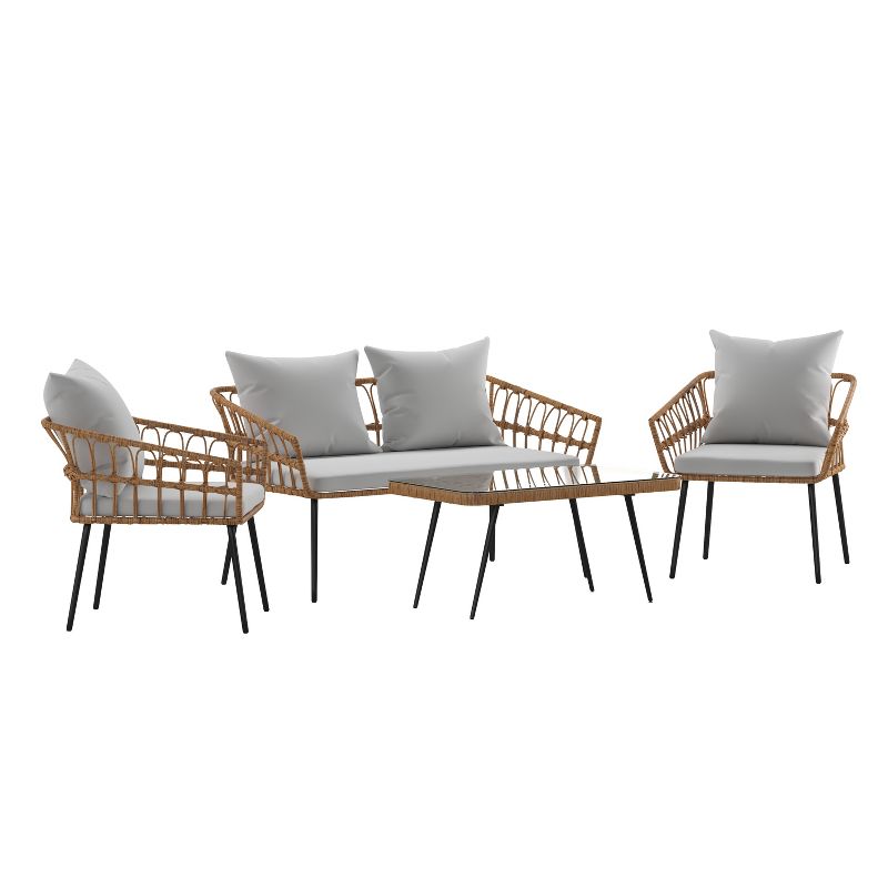 Emma and Oliver Four Piece Indoor/Outdoor Boho Open Weave Natural Rattan Rope Patio Set with Two Chairs, Loveseat and Table with Cushions, 1 of 14