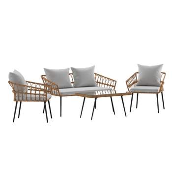 Emma and Oliver Four Piece Indoor/Outdoor Boho Open Weave Natural Rattan Rope Patio Set with Two Chairs, Loveseat and Table with Cushions