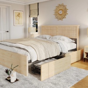 Brafab Natural Rattan Queen Size Bed Frame with Wooden Headboard and 4 Storage Drawers,Beige - 1 of 4