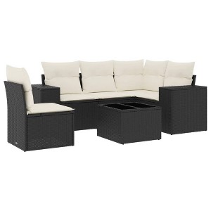 vidaXL 6 Piece Patio Sofa Set with Cushions Black and Cream Poly Rattan - With Table - 1 of 4