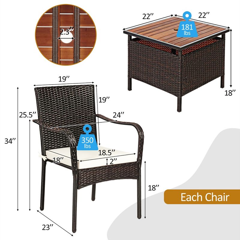 Costway 3PCS Patio Rattan Furniture Bistro Set Wood Side Table Stackable Chair, 2 of 11