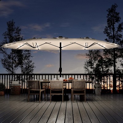 15Ft Rectangular Patio Umbrella with Base Large Patio Umbrella with Crank Handle, UV Resistant, Suitable for Outdoor Markets, Backyard, Poolside-Beige