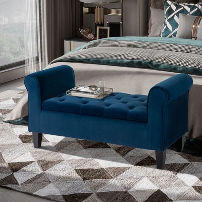 Elegant Blue Velvet Button-Tufted Ottoman Bench with Storage and Rolled Armrests