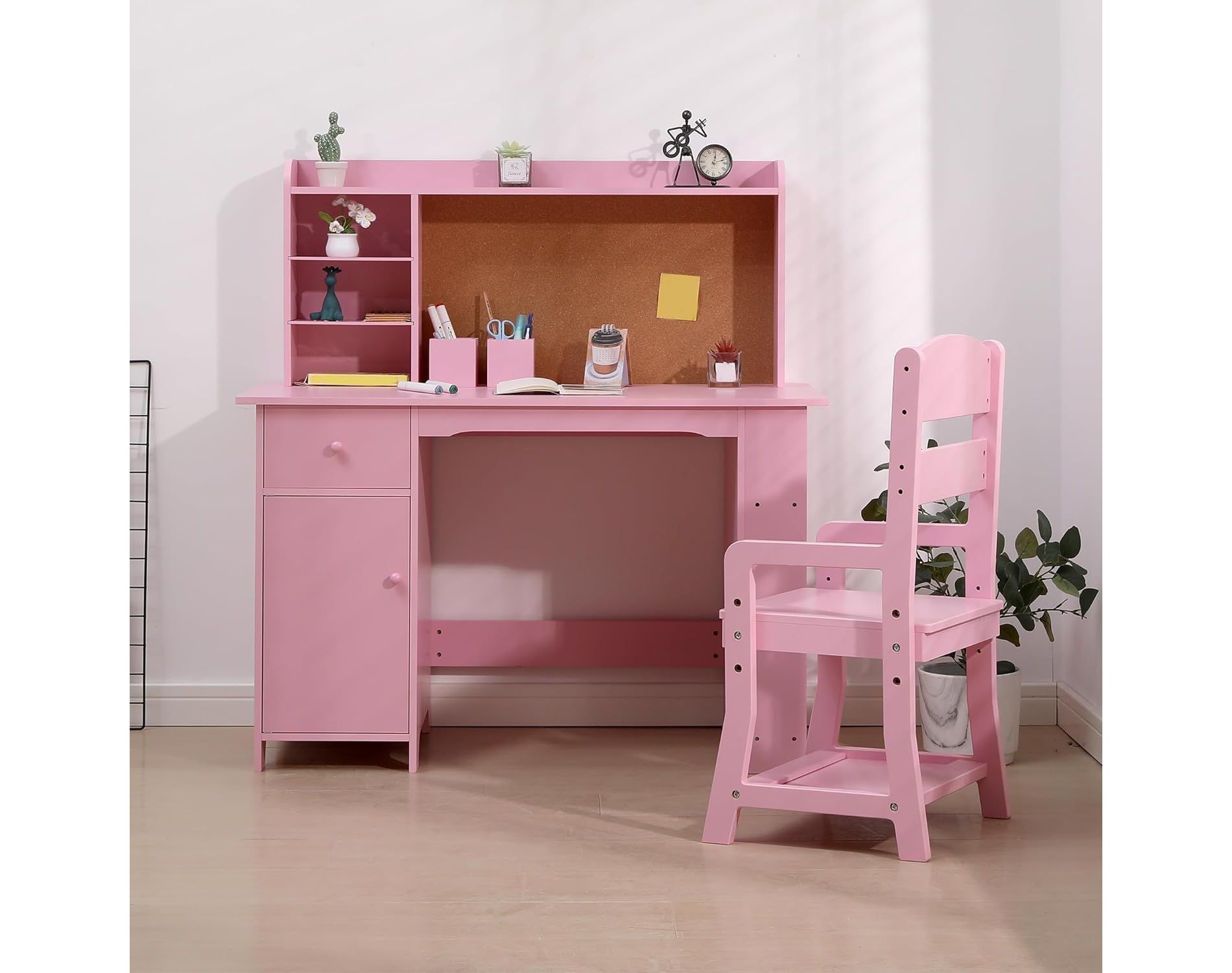 Kids Study Desk & Chair Set - Wood Writing Table w/ Bookshelf, Bulletin Board & Storage for Ages 3-8