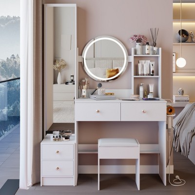 VYNXARIA Full Body Mirror Cabinet+Round Mirror LED Vanity Table+Cushioned Stool,17" Mirror,Large Desktop£¬White