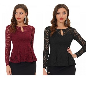 INSPIRE CHIC Women's Floral Lace Front Peplum Hem Keyhole Sheer Long Sleeve Blouse 2 Pieces - 1 of 4