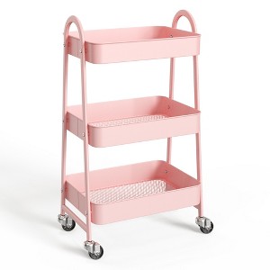 ChicFurnit Kitchen Carts and Islands 3 Tier Small Rolling Cart Universal Storage Mobile Utility Cart for Kitchen, Pink, 17.4"*31"*12" - 1 of 4