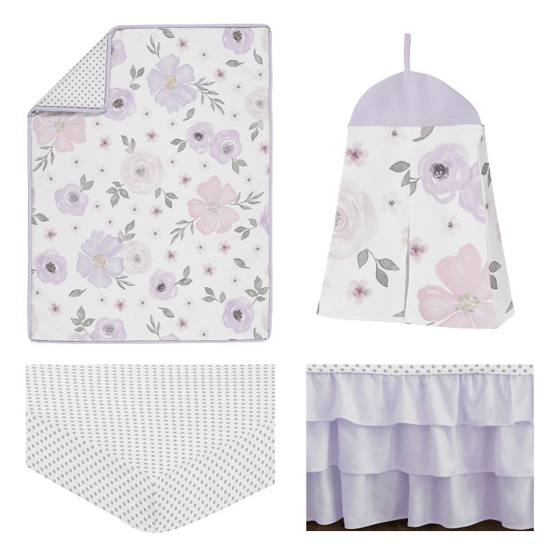 Sweet Jojo Designs Girl Baby Crib Bedding Set - Watercolor Floral Lavender Purple and Grey 4pc, 3 of 8