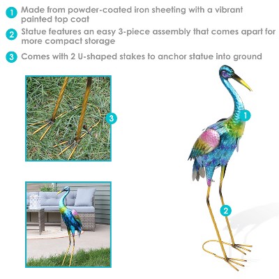 Vibrant Blue and Green Metal Crane Garden Statues Set