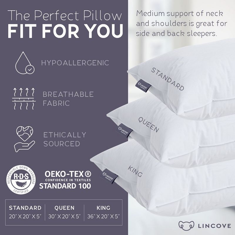 Lincove Down & Feather Bed Pillows - Luxury Hotel Collection, 100% Cotton, 600 Thread Count, 1 Pack, 4 of 9