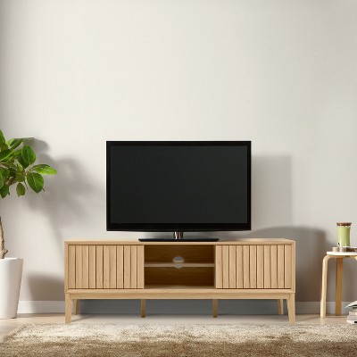 Oak 58-Inch Modern TV Stand with Sliding Doors and Cabinet