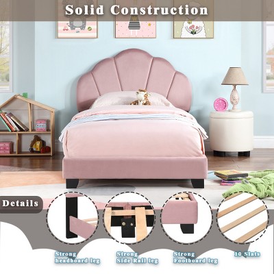 Twin Platform Bed Modern Upholstered with Shell Headboard for Kids Bedroom 44"W - 3irtyhousy