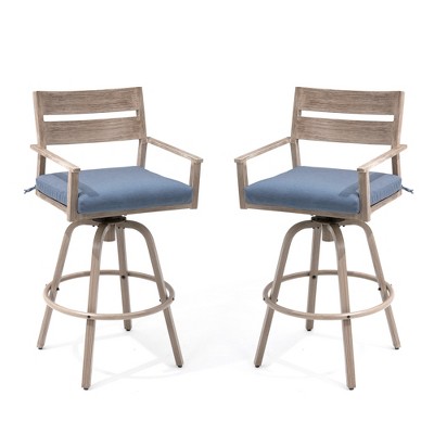 Crestlive Products Aluminum Outdoor Swivel Woodgrain Finish Bar Stools with Sunbrella Cushion Set of 2