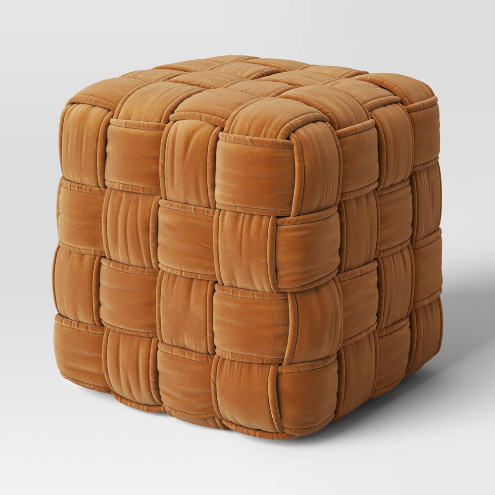 Photos - Pouffe / Bench Square Woven Pouf Ottoman Gold Velvet - Threshold™: Upholstered Cube, No A