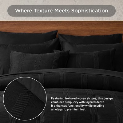 Regency Heights 9Pcs BIAB Woven Stripe Texture Comforter Set, Premium Touch Solid Color Bed Set with Matching Shams and Sheets, Black, Queen — фото 2