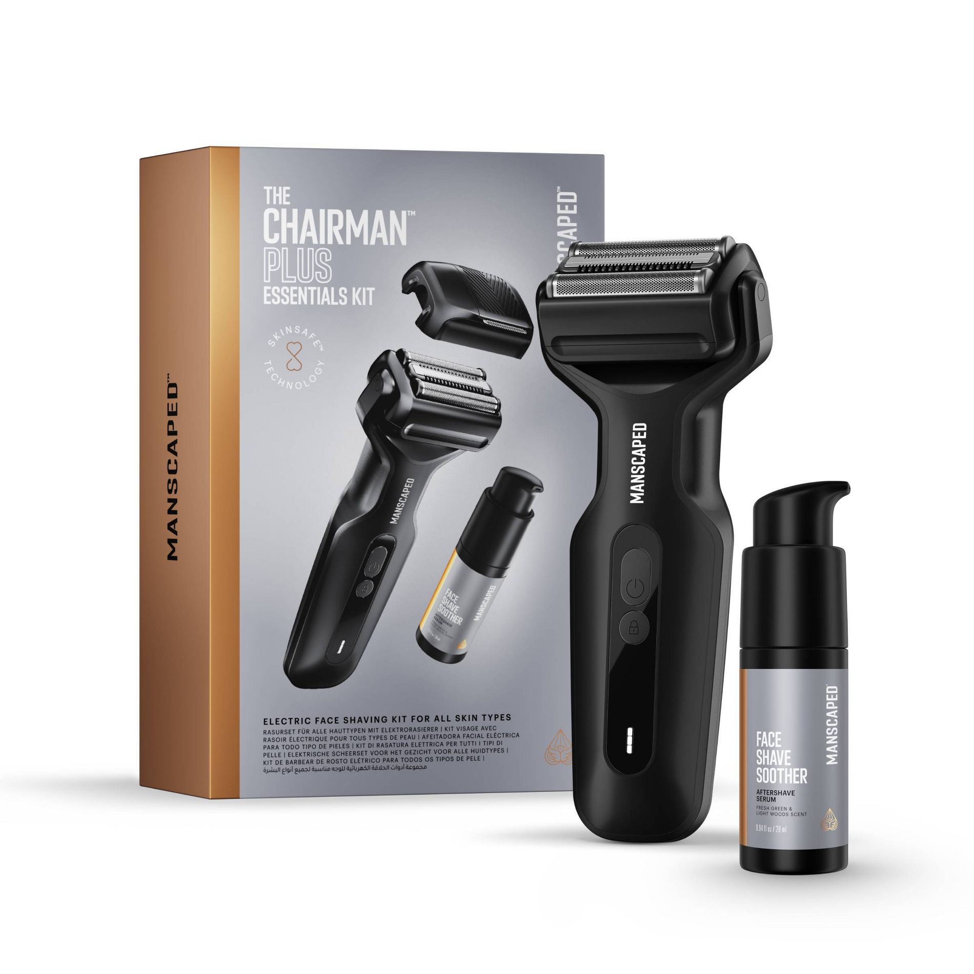 Manscaped The Chairman Plus Essentials Kit, Electric Foil Face Shaver and SkinSafe Precision Trimmer with Soothing Aftershave Serum