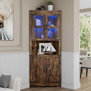 Tall Farmhouse Corner Storage Cabinet with Built-In Lights, Glass Door and Adjustable Shelves, Perfect for Living Room, Kitchen Organization - 1 of 4