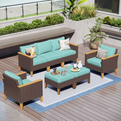 Captiva Designs 7pc Wicker Outdoor Patio Rattan Sectional Conversation Set with Cushioned Ottoman
