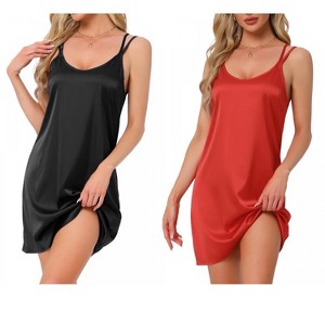 INSPIRE CHIC Women's 2 Pcs Double Strap Satin Nighty Chemise Slip Silky Sleep Camisole Dress - 1 of 4
