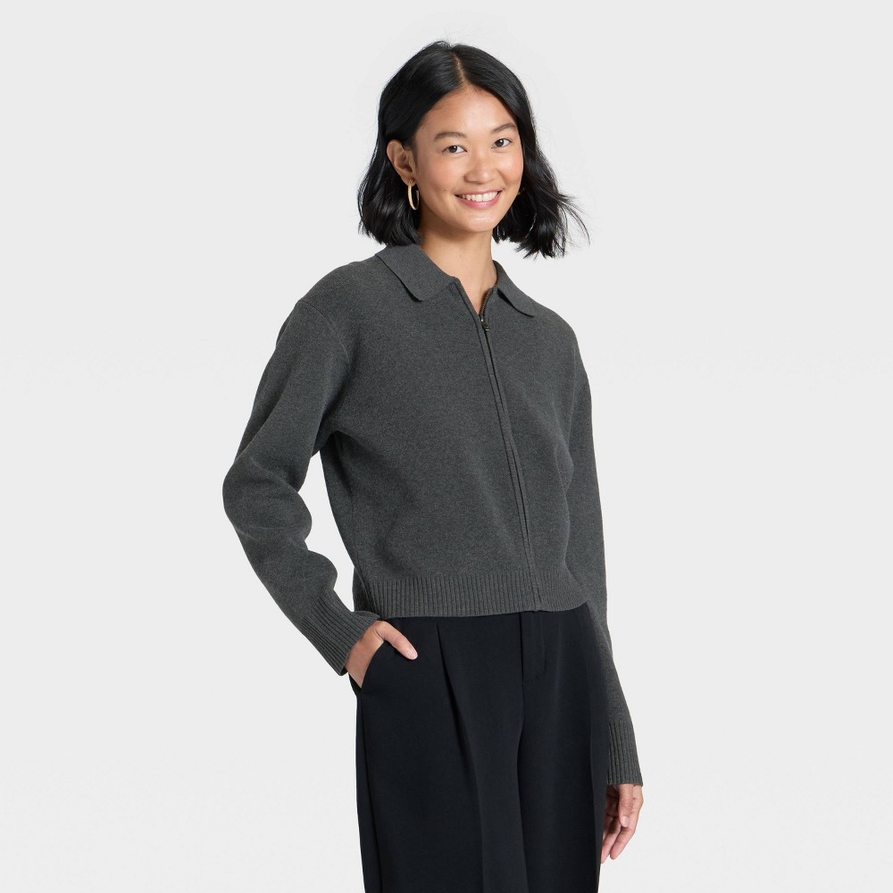 Women's Full Zip Cardigan - A New Day™ Charcoal Gray L