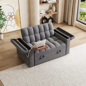 TiramisuBest 65" Light Grey Velvet 3-in-1 Sofa Bed, Foldable Double Sofa with Adjustable Back & Hidden Desk - 1 of 4